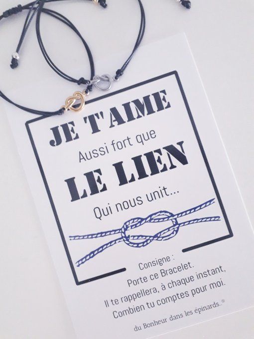 CARTE JE T'AIME AUSSI FORT QUE LE LIEN + 2 BRACELETS NOEUDS