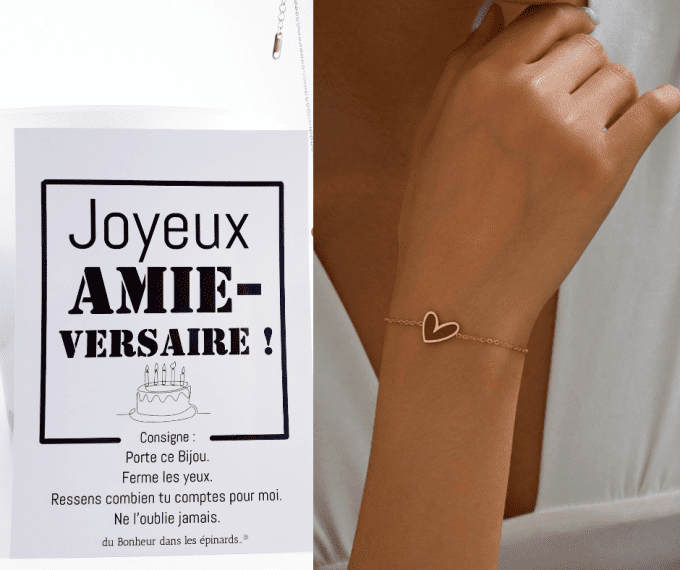 CARTE JOYEUX AMIE-VERSAIRE + 1 BRACELET COEUR - A08