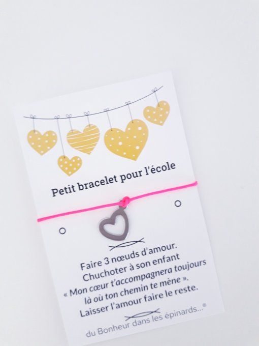 CARTE + 1 BRACELET COEUR ARGENTE- POUR L'ECOLE - 20 coloris - D18